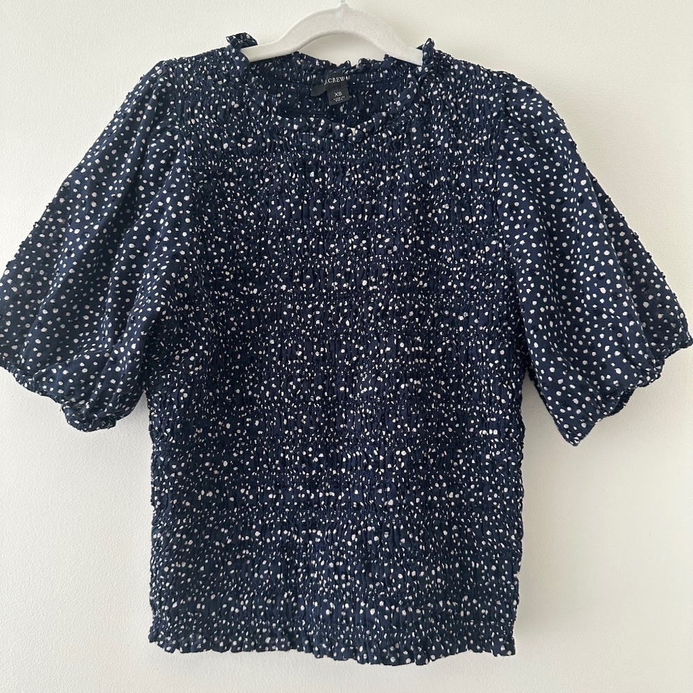 J. Crew Smocked Puff Sleeve Top - Navy/White Polka Dots - XS